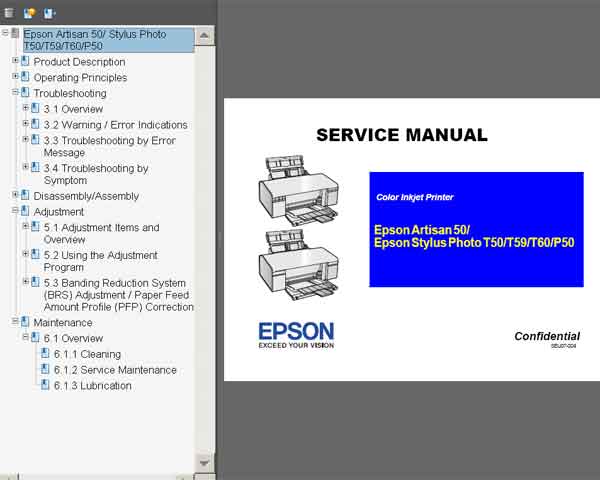 Epson Photo T50, T59, T60, P50, Artisan 50, EP302, PMG860 printers Service Manual