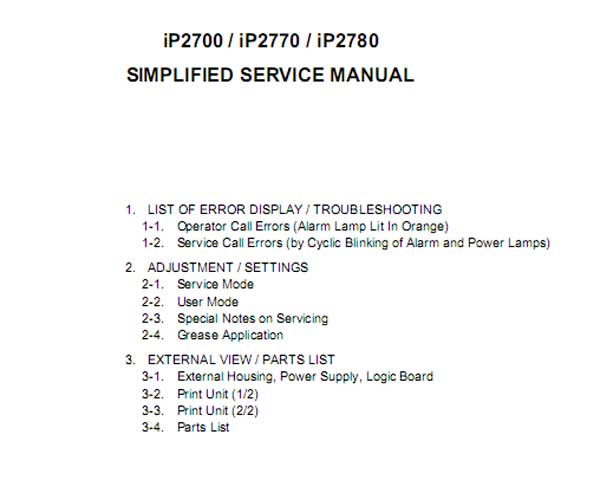 CANON iP2700, iP2770, iP2780 printers Simplified Service Manual and Parts List included