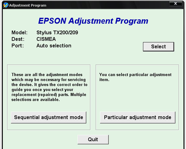 Epson <b>TX200, TX209</b> Service Adjustment Program