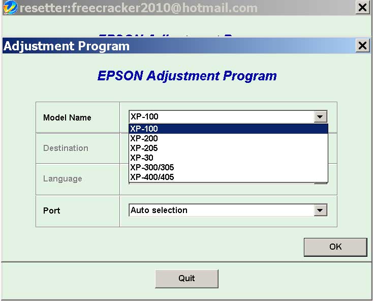 Epson <b>XP-30, XP-100, XP-200, XP-205, XP-300, XP-305, XP-400, XP-405 </b> (Euro, Belgium) Service Adjustment Program