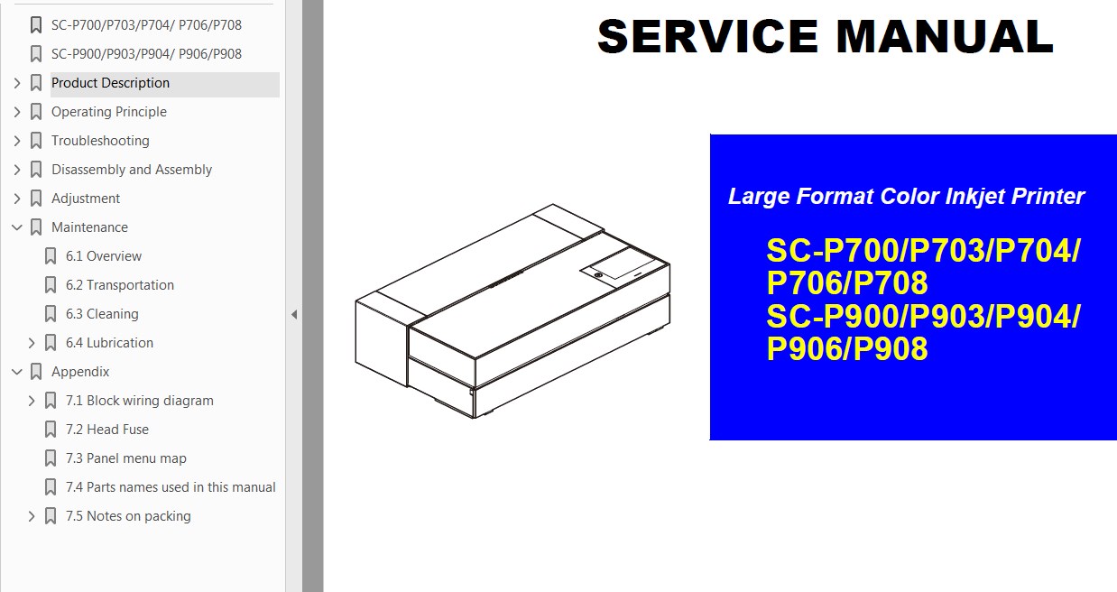 Epson <b> SC-P700, SC-P703, SC-P704, SC-P706, SC-P708, SC-P900, SC-P903, SC-P904, SC-P906, SC-P900  </b> printers Service Manual and Block Wiring Diagram  <font color=red>New!</font>