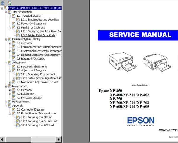 Epson <b>XP-600, XP-601, XP-605, XP-700, XP-701, XP-702, XP-750, XP-800, XP-801, XP-802, XP-850, EP805A, EP805AR, EP805AW</b> printers Service Manual  <font color=red>New!</font>
