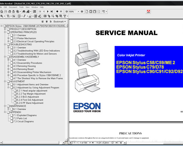 Epson C58, C59, ME 2, C79, D78, C90, C91, C92, D92 printers Service Manual and Parts List