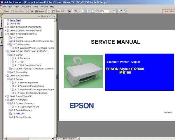 Epson CX1500, ME100 printers Service Manual and Parts List