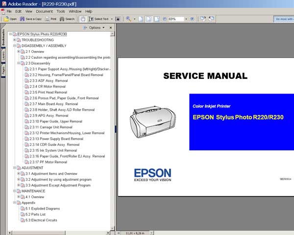 Epson R220, R230 printers Service Manual, Parts List, Exploded View and Cirquit Diagram