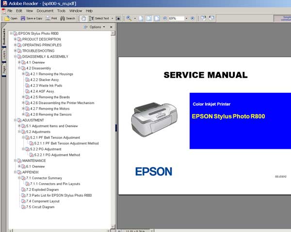 Epson R800 printer Service Manual, Exploded Diagram, Circuit Diagram and Parts List