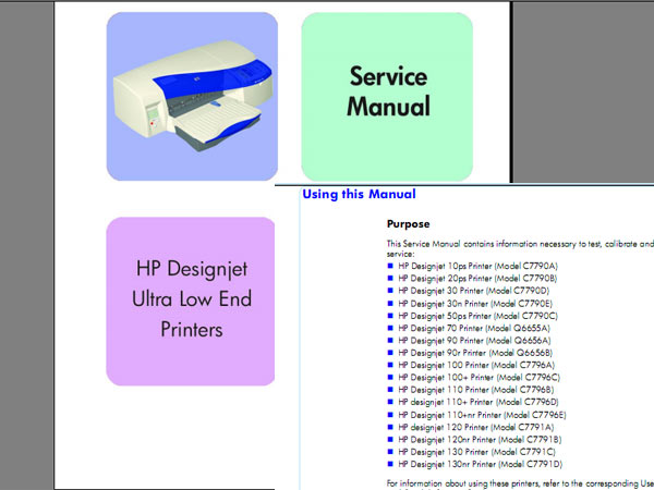 HP DesignJet 10, 20, 30, 50, 70, 90, 100, 110, 120, 130 Printer Service Manual, Parts Catalog and DDiagrams