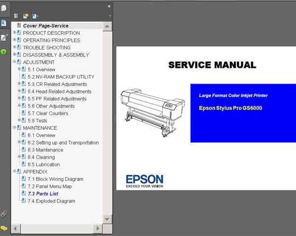 Epson Pro GS6000 plotter Service Manual and Parts List <font color=red>New!</font>