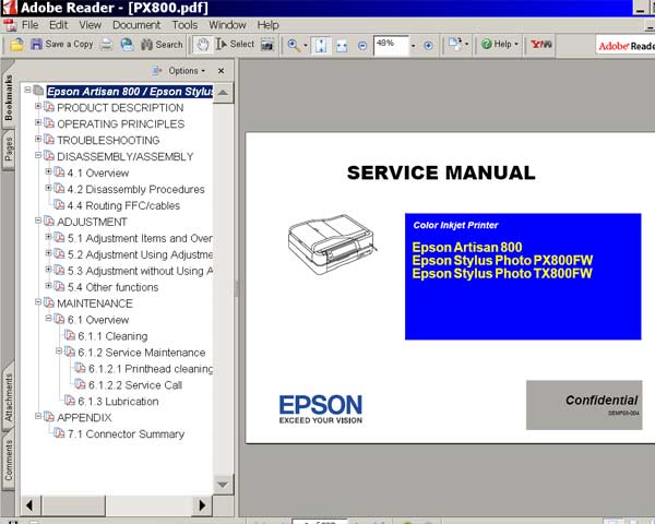 Epson Artisan 800, PX800FW, TX800W, EP901A, EP901F printers Service Manual