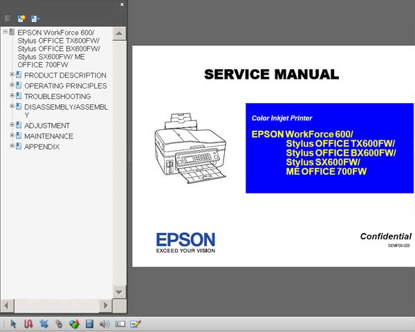 Epson TX600FW, BX600FW, SX600FW, ME OFFICE 700FW, WorkForce 600 printers Service Manual
