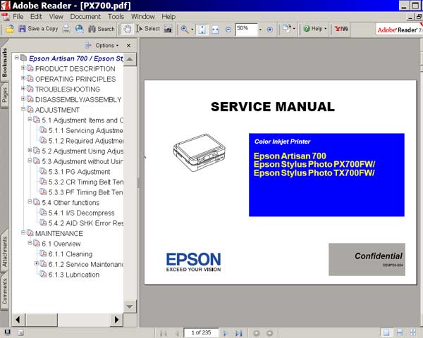 Epson Artisan 700, TX700FW, PX700FW, EP801A printers Service Manual