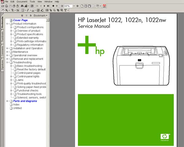 HP LaserJet 1022, 1022N printers <br> Service Manual, Parts and Diagrams